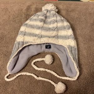 American Eagle Outfitters AE Hat Ear Flaps Gray/Grey & White Stripe Like New